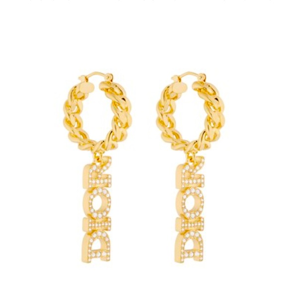White crystals, 'DIOR' signature, gold-finish metal, hook clasp, sold as a pair. - Picture 1 of 6
